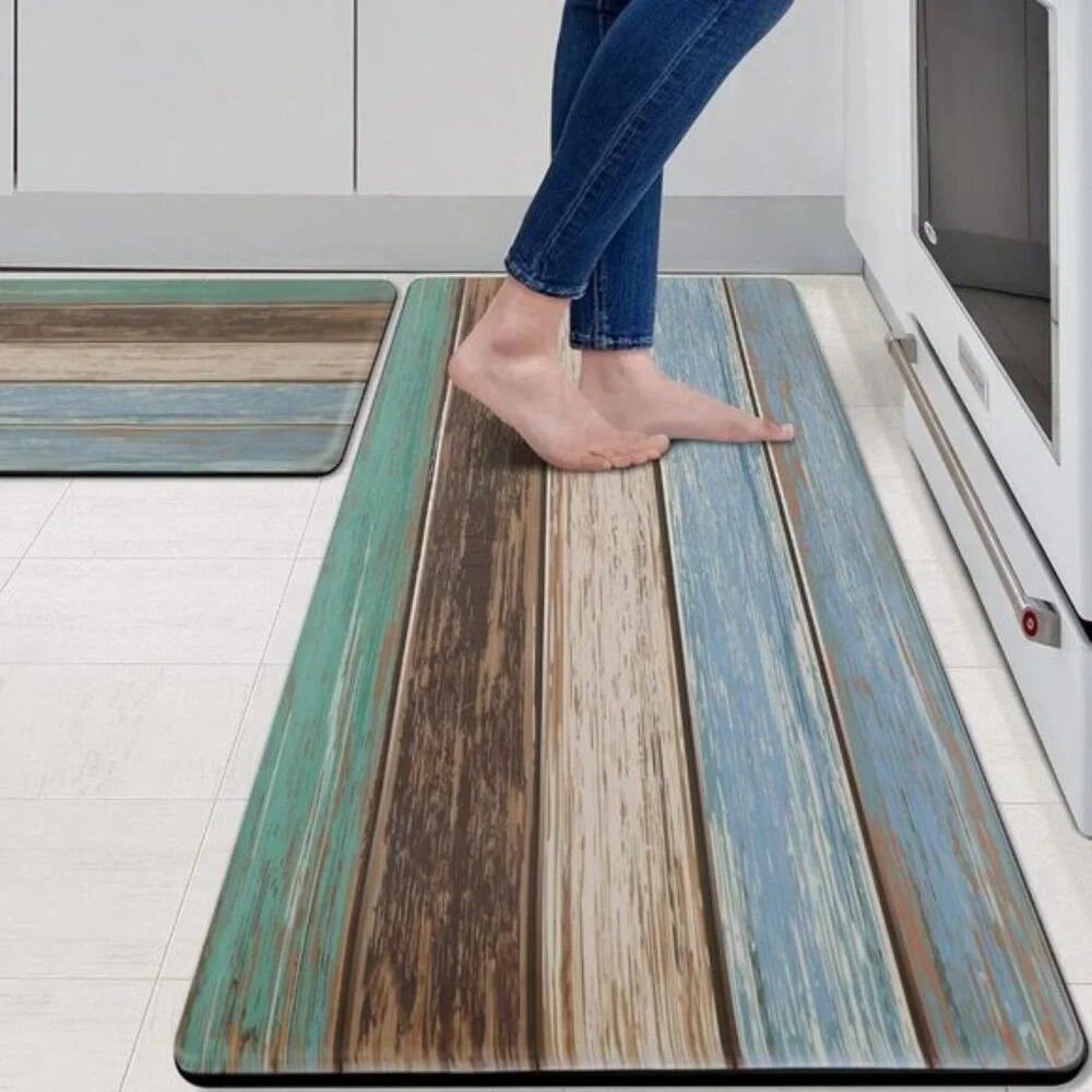 New Set of 2 Teal Farmhouse Kitchen Rug, Anti-Fatigue, Non-Slip, Rustic Look